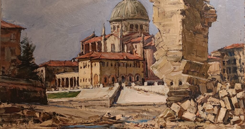Home antiquariato a verona Quadro di Mario Paolo Pajetta che rappresenta le prime fasi di ricostruzione del ponte pietra dopo il crollo per il bombardamento del 1945.